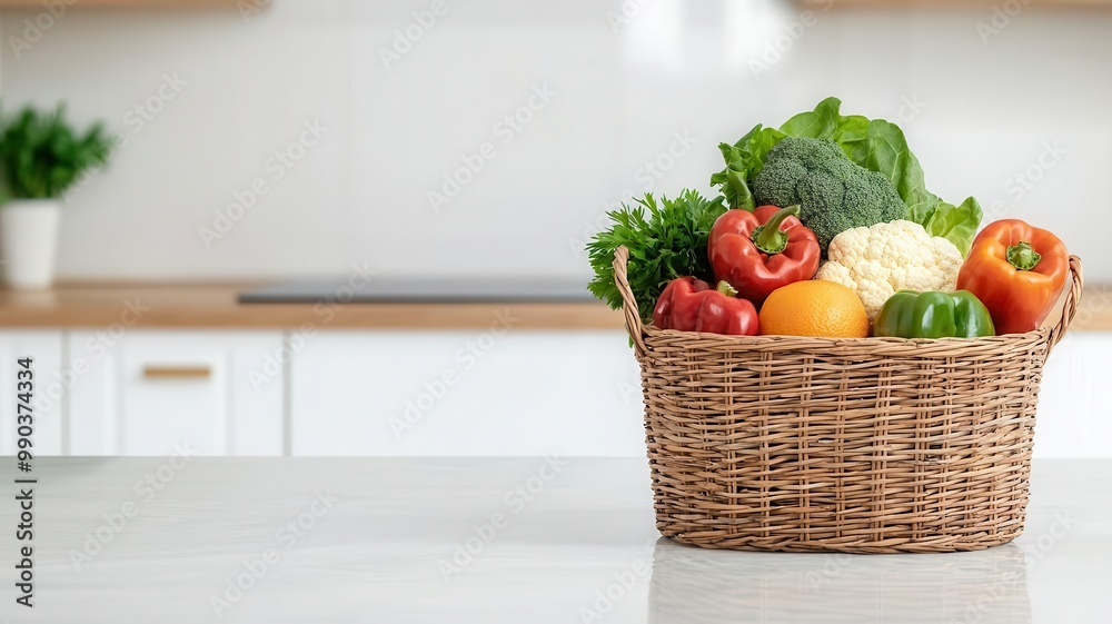 Kitchen island with rattan baskets holding fresh produce, organized and rustic look Kitchen island with rattan baskets holding fresh produce, organized and rustic look
