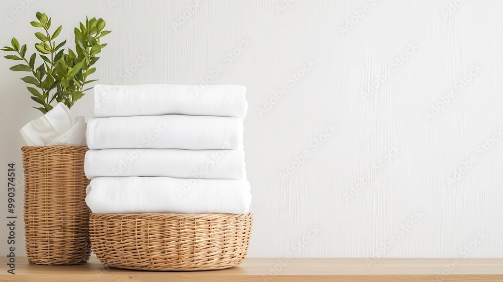 Rattan baskets holding folded linens, organized modern laundry room, minimalist home Rattan baskets holding folded linens, organized modern laundry room, minimalist home