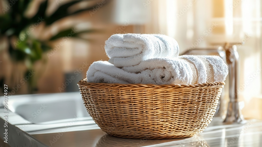 Stylish rattan laundry basket with folded towels, modern home organizing setup Stylish rattan laundry basket with folded towels, modern home organizing setup