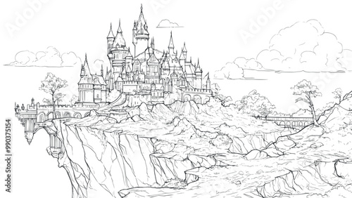 Fairy-Tale Castle on a Beautiful Cliff Coloring Book Page for Kids Magical Illustration Scenic Cliff Background Fun Fantasy Scene Drawing for Children Enchanted Fortress Art Page