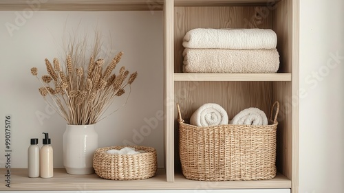 Bathroom cabinet with rattan baskets for storage, clean and organized boho home