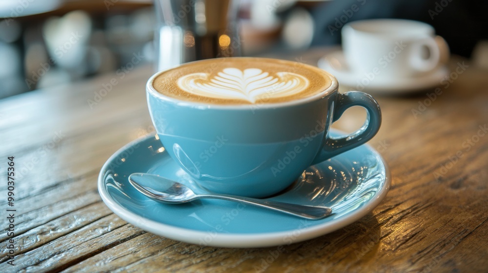 Latte with Intricate Foam Design on Wooden Cafe Table Latte with Intricate Foam Design on Wooden Cafe Table