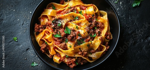 Close-up of a bowl of pasta with bolognese sauce and parsley on a black surface.