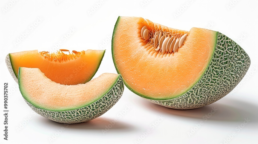 Cantaloupe honey melon sliced, half and full isolated on white background. Cantaloupe honey melon sliced, half and full isolated on white background.