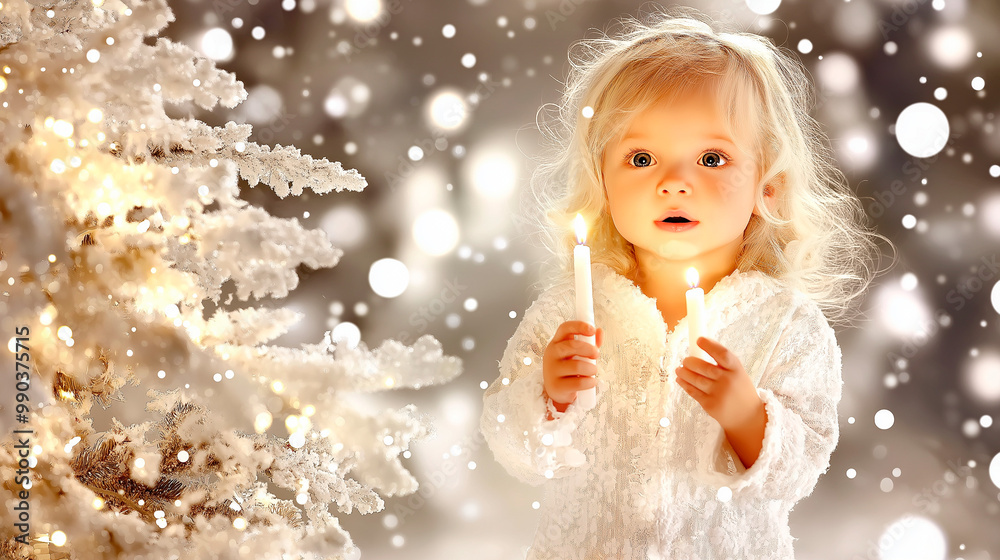 Little Girl Holding Candles by Snowy Christmas Tree at Christmas Candlelight Service