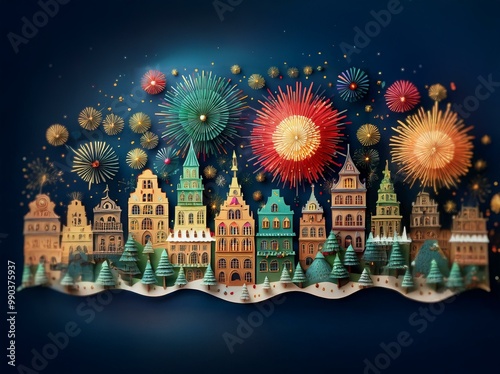 A festive scene with a paper-crafted town, complete with buildings, trees, and fireworks against a dark blue background. photo