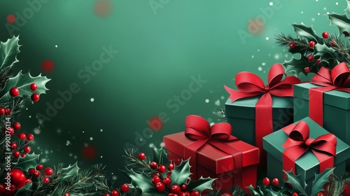 Bright Red and Green Christmas Banner with Copy Space