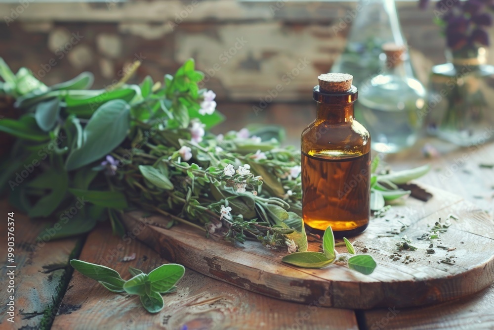 Herbal Remedy. Homeopathy and Natural Medicine Mixture with Sage Bouquet on Wooden Table Herbal Remedy. Homeopathy and Natural Medicine Mixture with Sage Bouquet on Wooden Table
