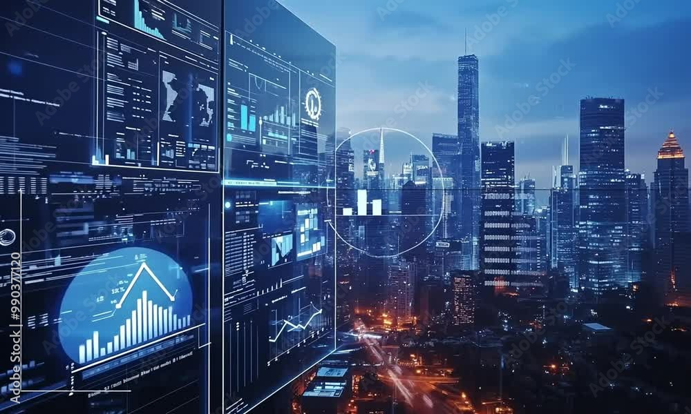 Futuristic cityscape with digital interfaces and data visualizations. Futuristic cityscape with digital interfaces and data visualizations.