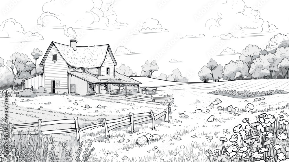 Obraz premium Farm Scenery Coloring Book Page Clean Line Art Charming Farm Illustration Fields and Barn Fun Rural Scene Drawing for Kids Peaceful Countryside Art Page