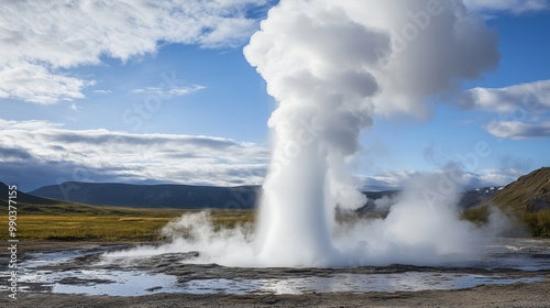 A geyser erupts, sending steam and boiling water high into a geothermal landscape photo