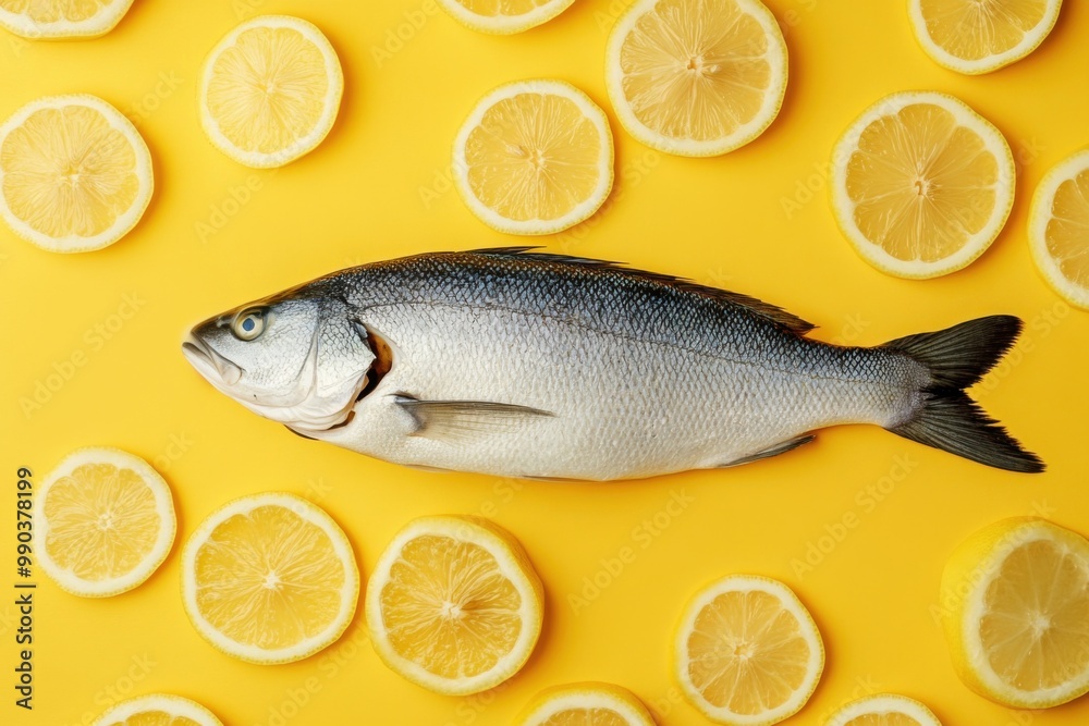 Whole sea bass arranged elegantly on vibrant lemon slices for a fresh culinary experience Whole sea bass arranged elegantly on vibrant lemon slices for a fresh culinary experience