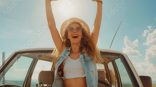 Happy woman in travel adventure lifestyle summer vacation jump with hoyful and smile outside the car viewed from inside through the door - concept of road trip and female driver photo