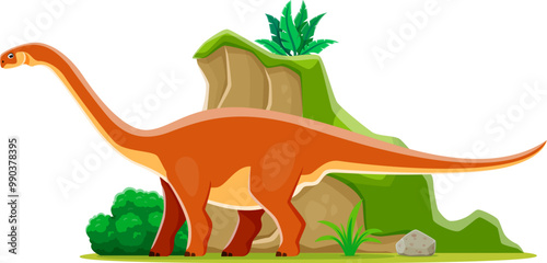 Cartoon prehistoric cetiosaurus dinosaur character. Isolated vector genius sauropod dino from the Middle Jurassic period. Ancient herbivore reptile animal with a long neck amidst prehistoric landscape