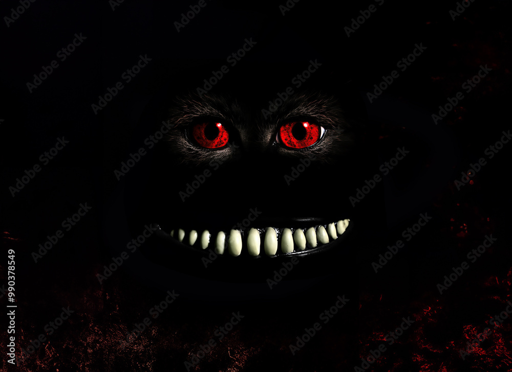 Halloween Monster Face in the Darkness with Red Eyes and Big, Scary Toothy Smile Halloween Monster Face in the Darkness with Red Eyes and Big, Scary Toothy Smile