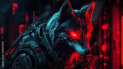 Robotic Wolf with Tactical Gear and Glowing Red Optics in Dark Futuristic Background photo