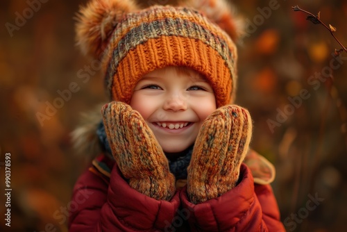 Joyful child bundled up in a cozy hat and mittens smiles brightly during autumn outdoors