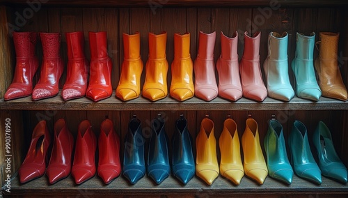 Colorful Shoes on Wooden Shelves photo