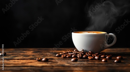 Aromatic Cup of Freshly Brewed Coffee with Roasted Beans on Rustic Wooden Table
