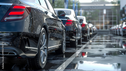 cars parked in the outdoor parking lot, used car for rental services or cars sale business background