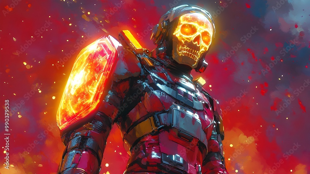 Futuristic Warrior with Neon Holographic Shield and Glowing Skull Design Futuristic Warrior with Neon Holographic Shield and Glowing Skull Design