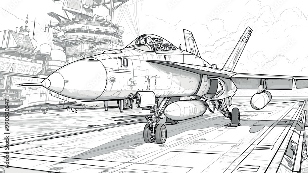 Fighter Jet on Deck of Aircraft Carrier Coloring Book Page for Adults Detailed Jet Illustration Naval Aircraft Scene Fun Military Carrier Drawing Exciting Aviation Art Page