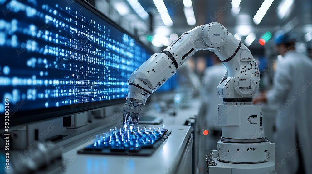Robotic Arm Manipulating Data in High-Tech Environment Robotic Arm Manipulating Data in High-Tech Environment