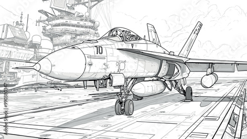 Fighter Jet on Deck of Aircraft Carrier Coloring Book Page for Adults Detailed Jet Illustration Naval Aircraft Scene Fun Military Carrier Drawing Exciting Aviation Art Page