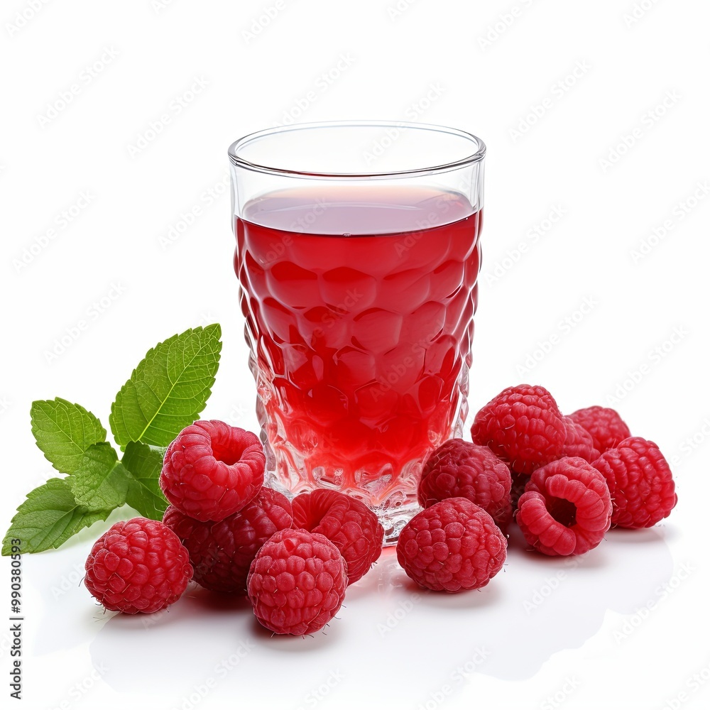 Glass of refreshing homemade organic raspberry juice with fresh berries and leaf on white background Glass of refreshing homemade organic raspberry juice with fresh berries and leaf on white background
