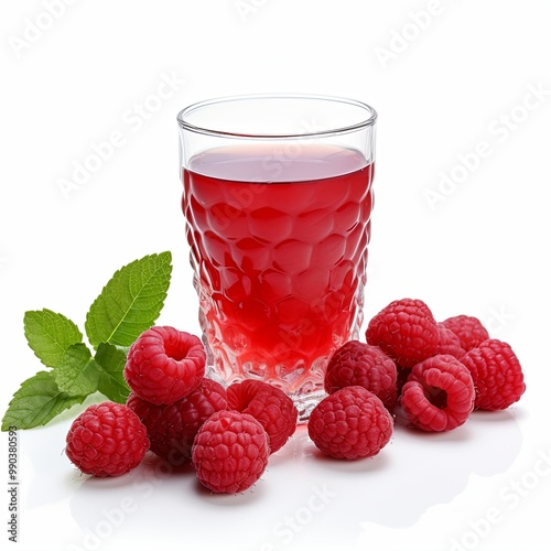 Glass of refreshing homemade organic raspberry juice with fresh berries and leaf on white background