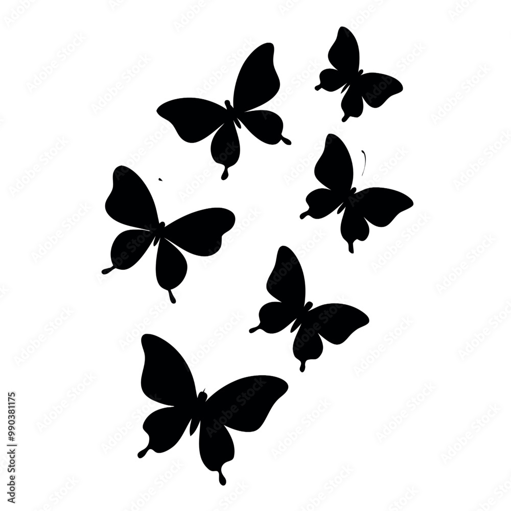 a black and white illustration of a group of six butterflies. The butterflies are arranged in a scattered manner a black and white illustration of a group of six butterflies. The butterflies are arranged in a scattered manner