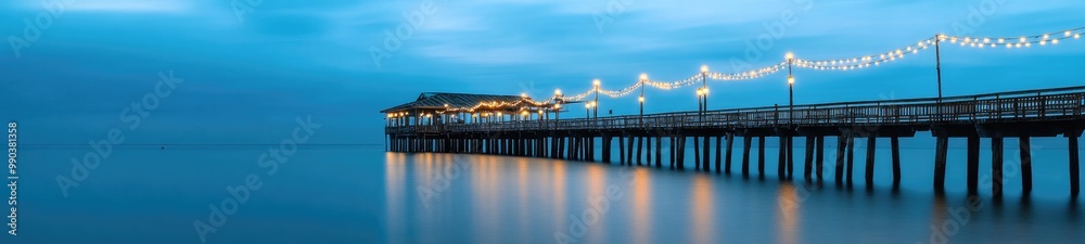 Calm Sea Piers at Blue Hour with String Lights Calm Sea Piers at Blue Hour with String Lights