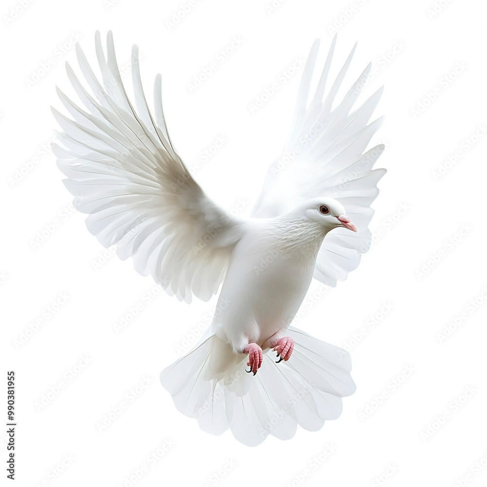 A free flying white dove isolated on a white background A free flying white dove isolated on a white background