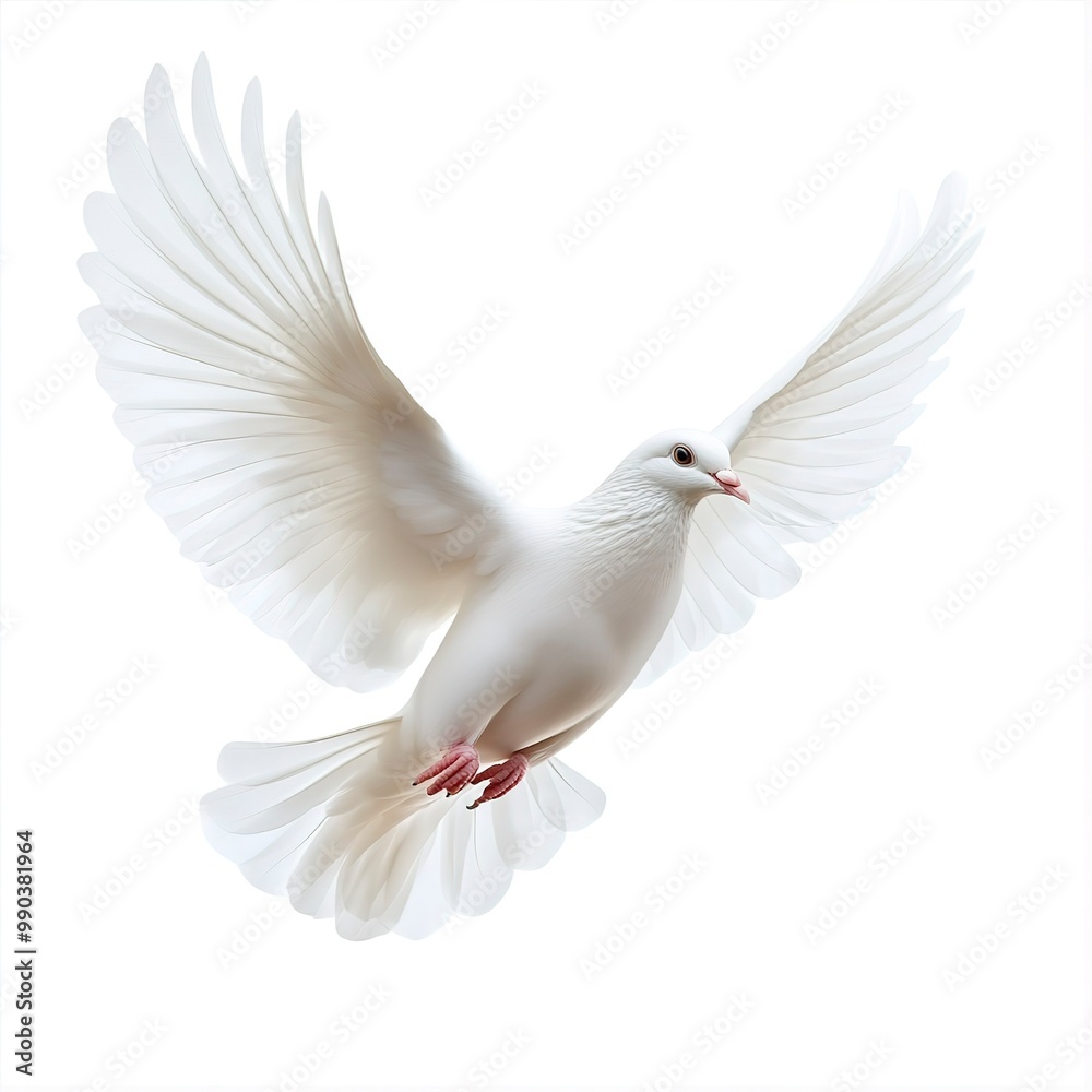 Fototapeta premium A free flying white dove isolated on a white background 