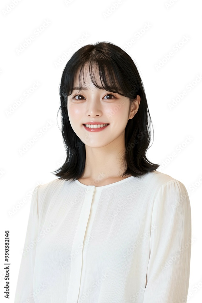 Elegant Young Woman with Short Black Hair in White Blouse Elegant Young Woman with Short Black Hair in White Blouse