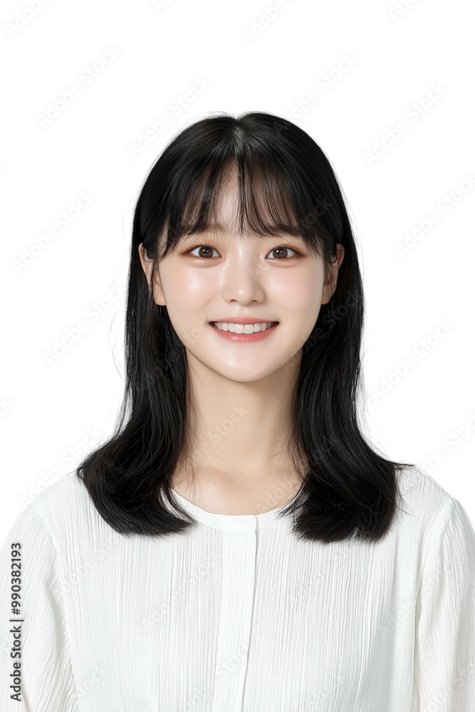 Elegant Young Woman with Short Black Hair in White Blouse Elegant Young Woman with Short Black Hair in White Blouse