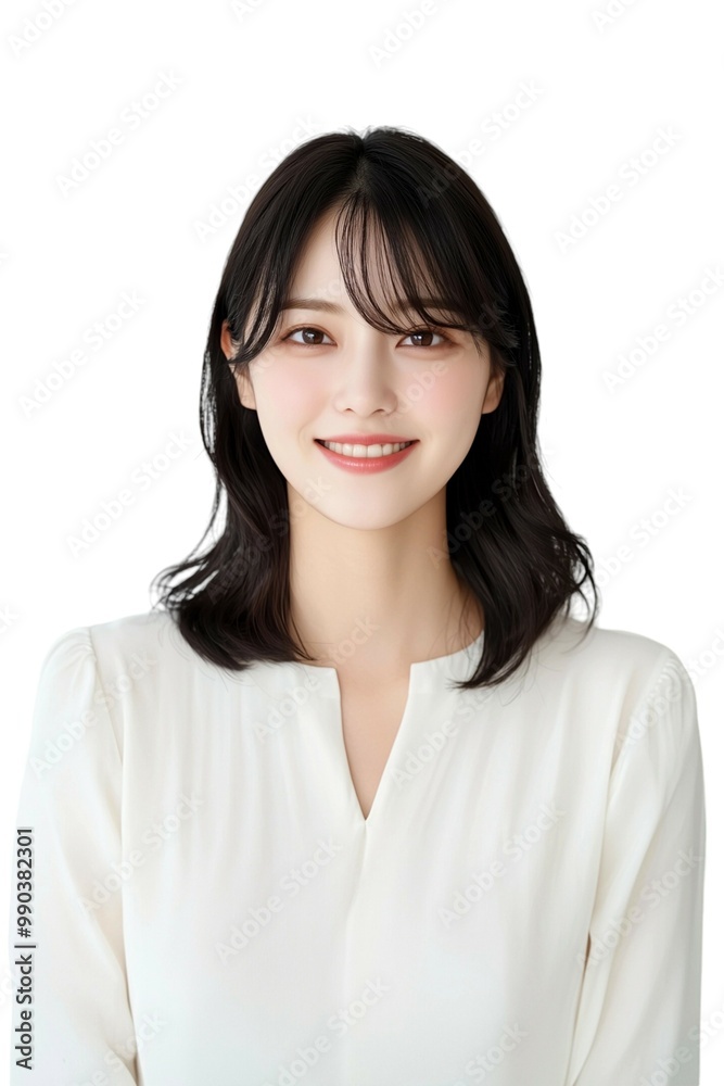 Elegant Young Woman with Short Black Hair in White Blouse Elegant Young Woman with Short Black Hair in White Blouse