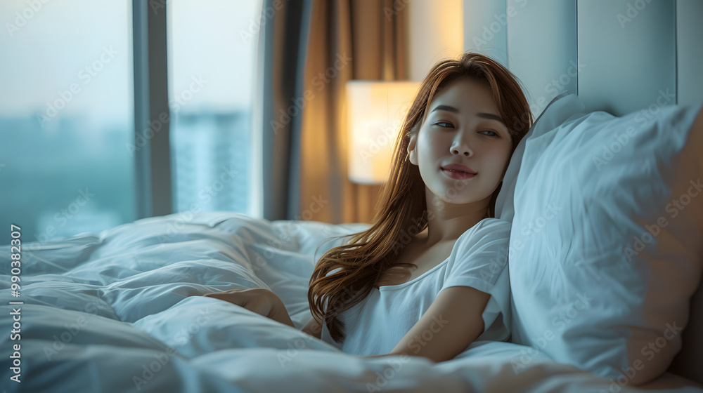 Hotel room comfort with good sleep easy relaxation lifestyle of Asian girl on bed have a nice day morning waking up, taking some rest, lazily relaxing in guest bedroom in city hot Hotel room comfort with good sleep easy relaxation lifestyle of Asian girl on bed have a nice day morning waking up, taking some rest, lazily relaxing in guest bedroom in city hot