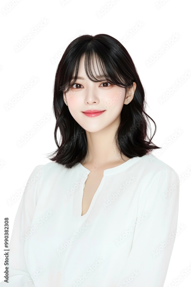 Elegant Young Woman with Short Black Hair in White Blouse Elegant Young Woman with Short Black Hair in White Blouse