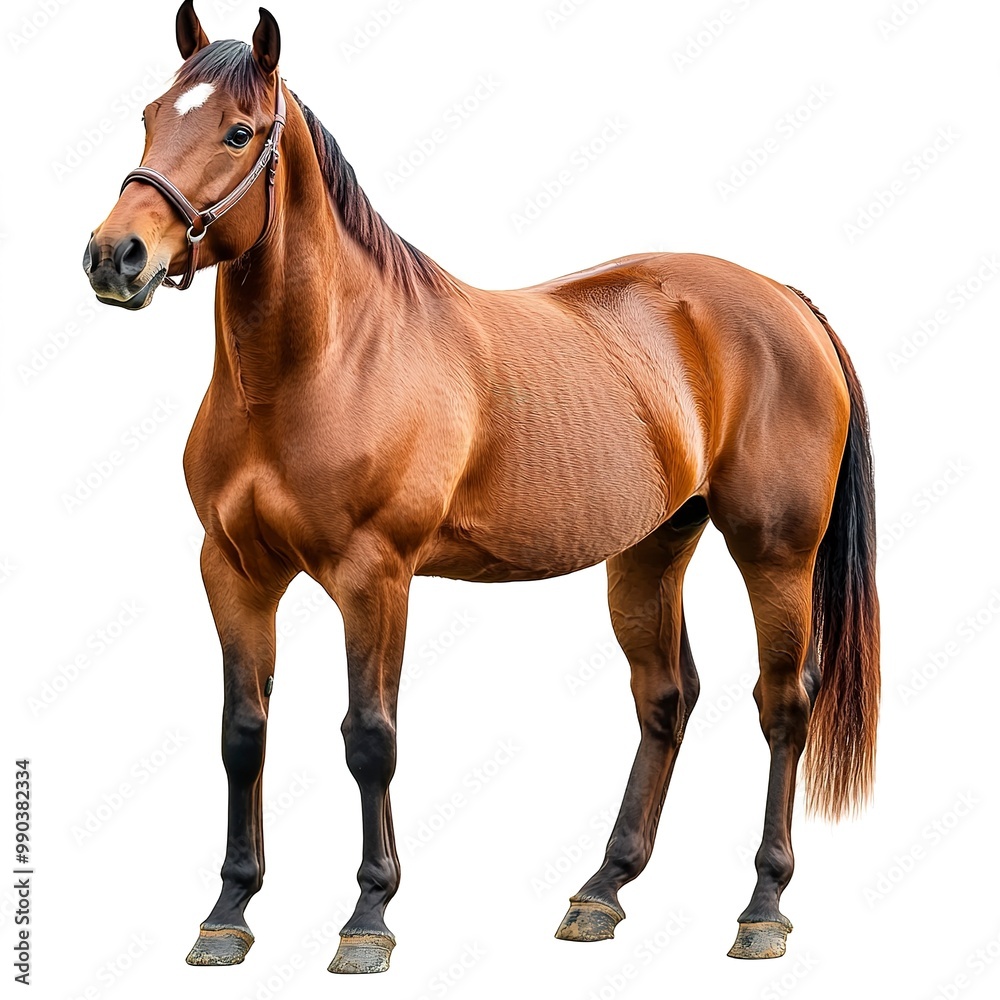 Fototapeta premium A brown horse (portrait, standing), animal bundle isolated on a white background 