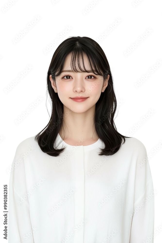 Elegant Young Woman with Short Black Hair in White Blouse Elegant Young Woman with Short Black Hair in White Blouse