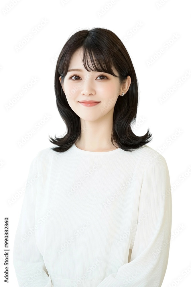 Elegant Young Woman with Short Black Hair in White Blouse Elegant Young Woman with Short Black Hair in White Blouse