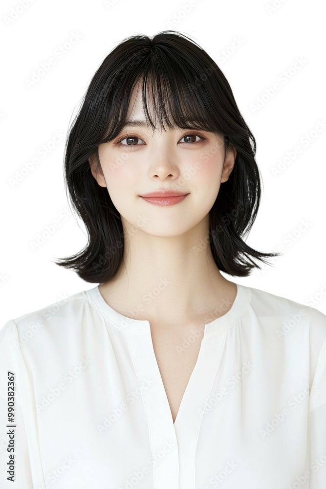 Elegant Young Woman with Short Black Hair in White Blouse Elegant Young Woman with Short Black Hair in White Blouse