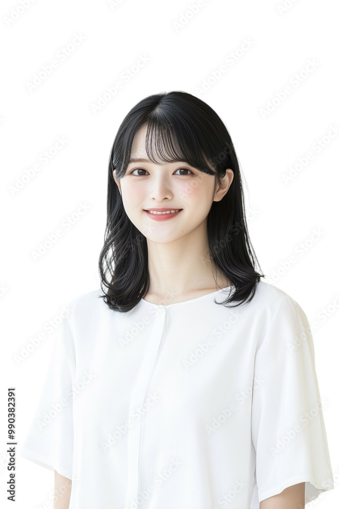 Elegant Young Woman with Short Black Hair in White Blouse Elegant Young Woman with Short Black Hair in White Blouse