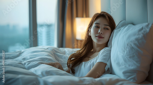 Hotel room comfort with good sleep easy relaxation lifestyle of Asian girl on bed have a nice day morning waking up, taking some rest, lazily relaxing in guest bedroom in city hot