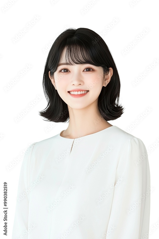 Elegant Young Woman with Short Black Hair in White Blouse Elegant Young Woman with Short Black Hair in White Blouse