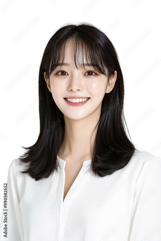 Elegant Young Woman with Short Black Hair in White Blouse Elegant Young Woman with Short Black Hair in White Blouse