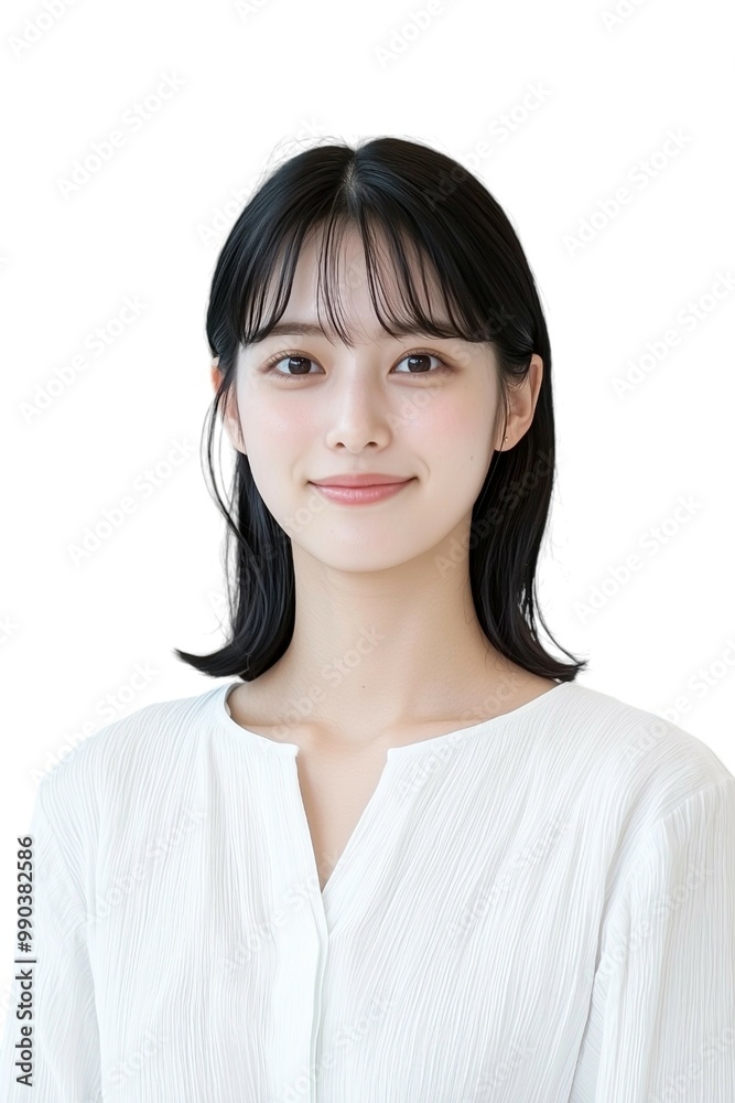 Elegant Young Woman with Short Black Hair in White Blouse Elegant Young Woman with Short Black Hair in White Blouse