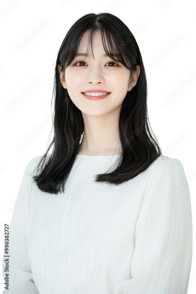 Elegant Young Woman with Short Black Hair in White Blouse Elegant Young Woman with Short Black Hair in White Blouse
