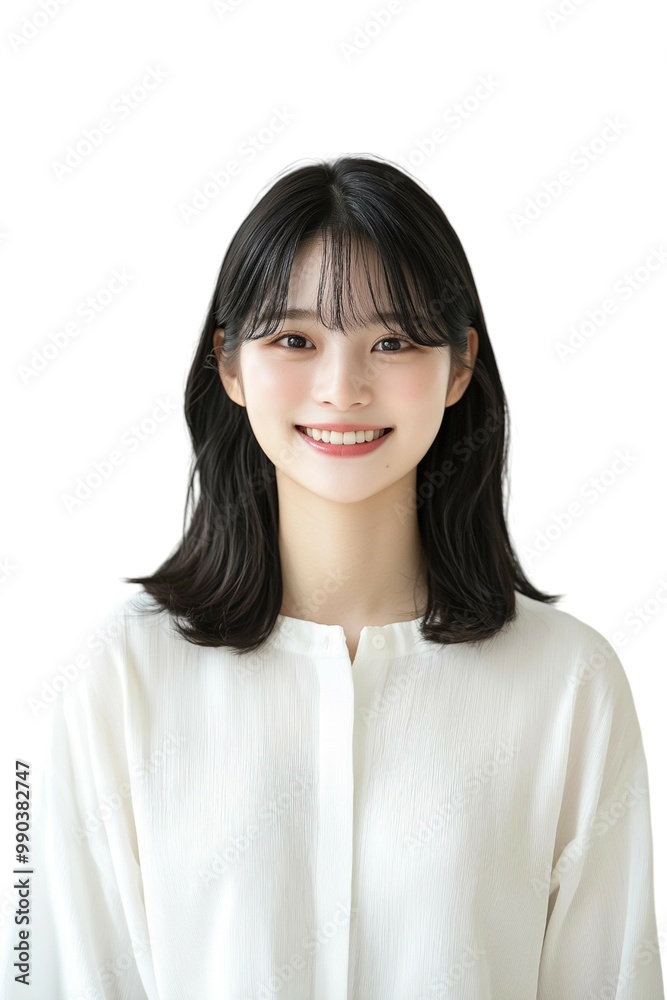 Elegant Young Woman with Short Black Hair in White Blouse Elegant Young Woman with Short Black Hair in White Blouse